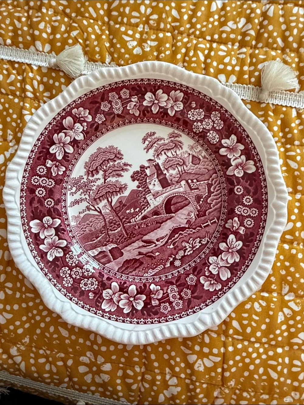 Spode Red Transferware Scenic Decorative Charger with Scalloped Edge